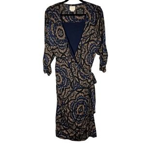 Vanessa Virginia Anthropologie Large Navy Blue Black Tan Faux Wrap Dress